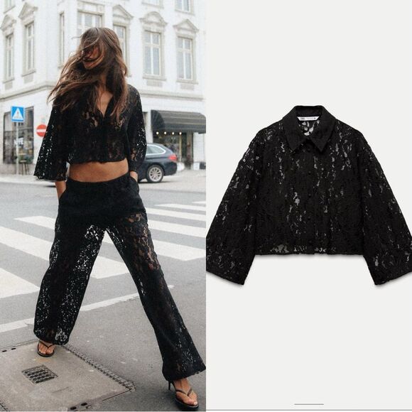 Zara Sheer Lace Black Crop Top Size XS - Picture 1 of 11